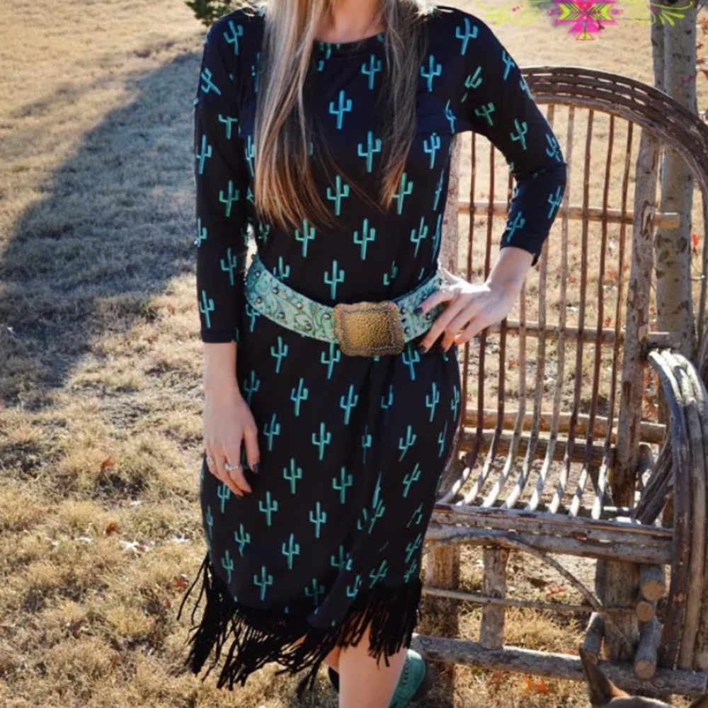 Boot Scootin’ Fringe Black Turquoise Cactus Dress